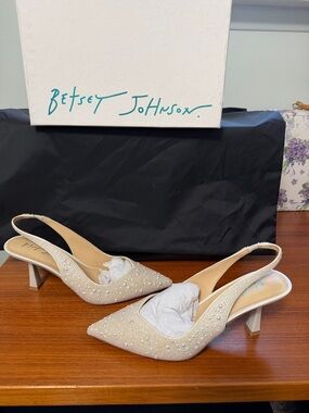 Betsey Johnson Pearl-Embellished Ivory Slingback Heels